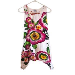Desigual Womens Shark Bite Hem Floral Tank Size Medium White Pink Green